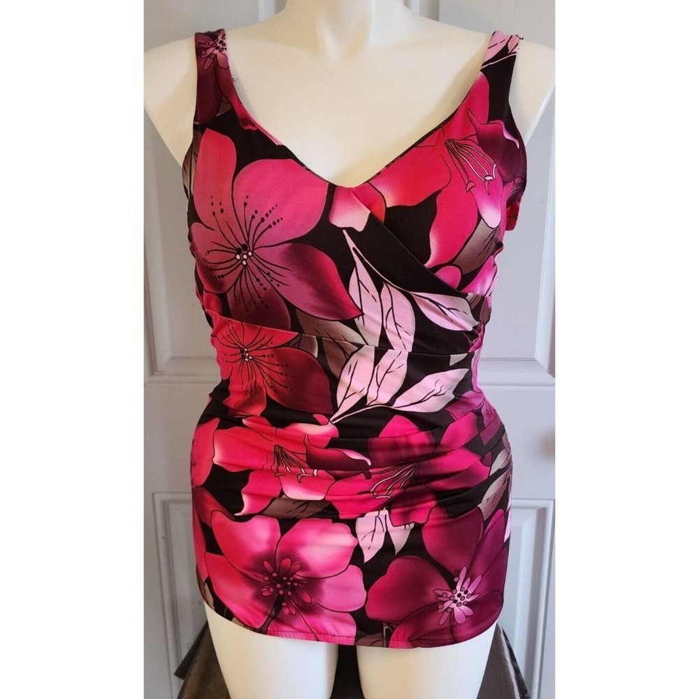 Maxine Of Hollywood V Neck Skirt Bottom Pleated One Piece Swimsuit Floral Sz 16